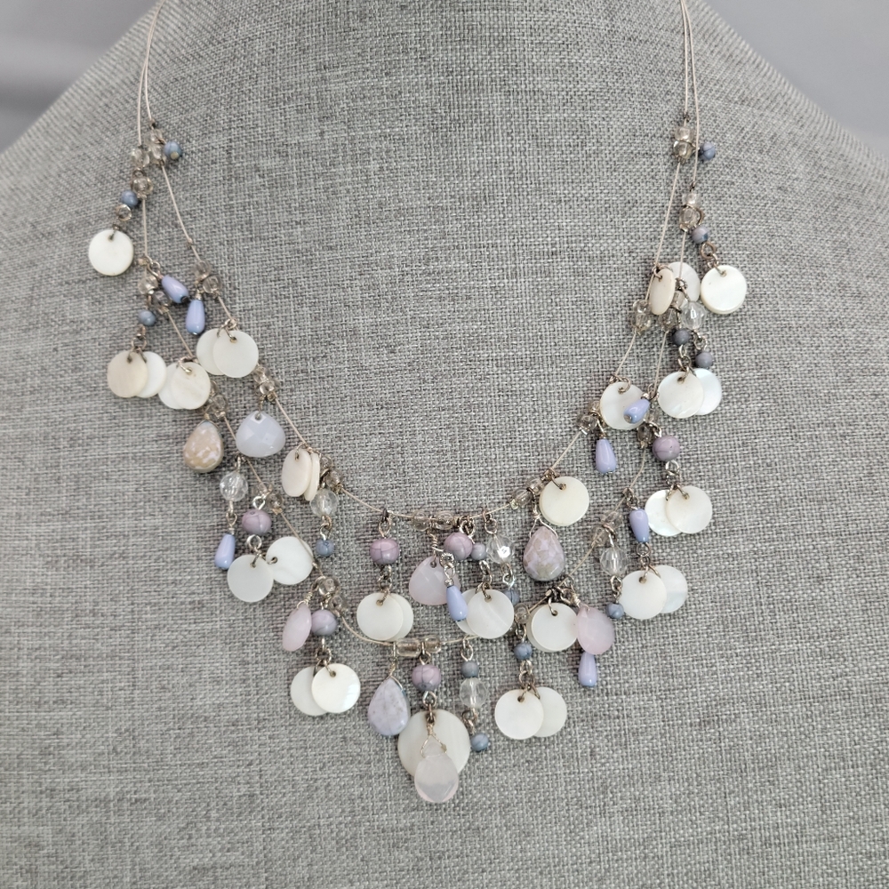 Shell Necklace Bib Statement Multi Strand Beaded Stations 18"